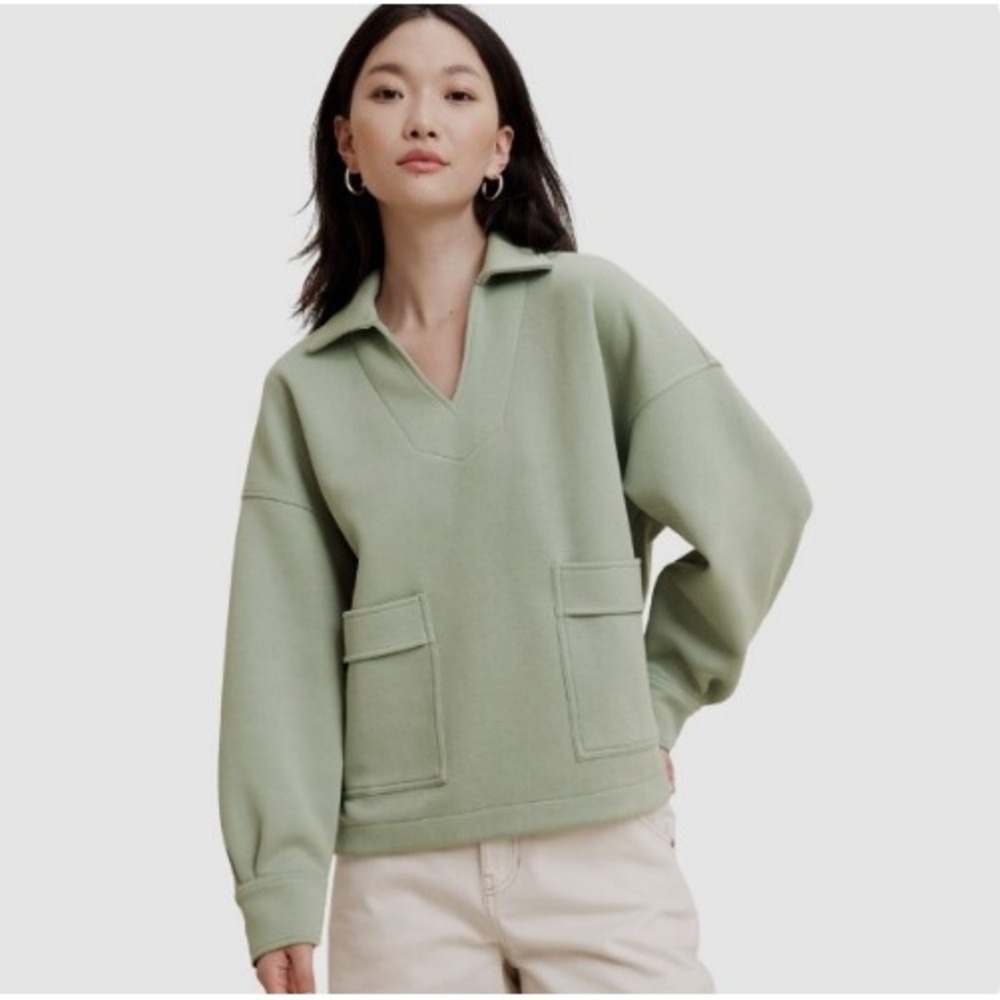 NWOT Banana Republic Scuba Patch Pocket Sweatshirt Johnny Collar Sage Medium